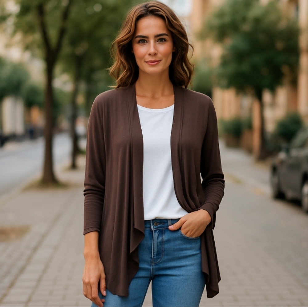 Investments Chocolate Brown Open Front Stretch Knit Cardigan/ Topper